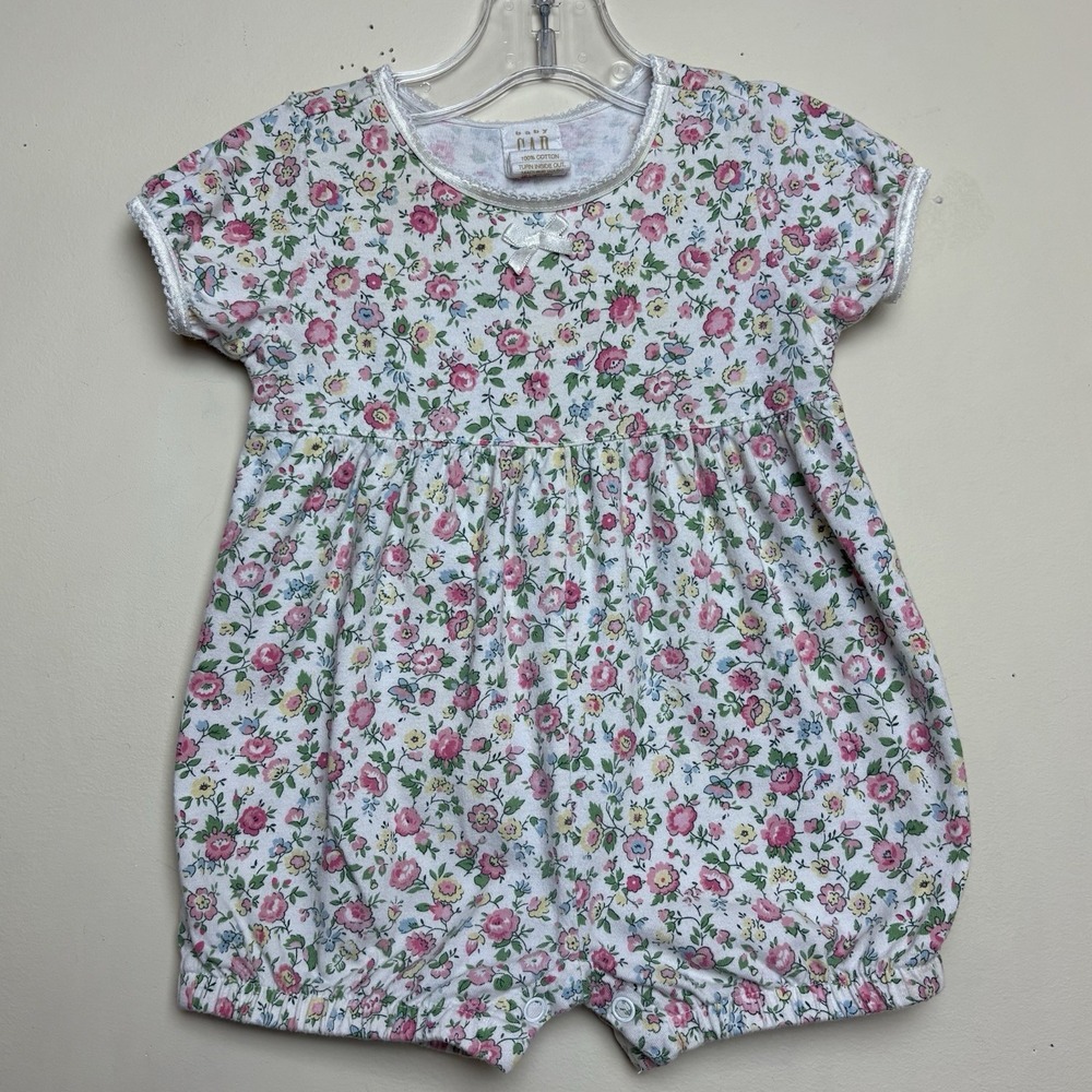 Vintage Baby Gap Cream Pink Floral 100% Cotton Short Sleeve Romper S 3-6M Y2K